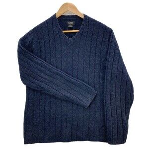 Vintage Bass GH Co Lambswool Sweater Men's Large Blue Preppy V-Neck Ribbed Top